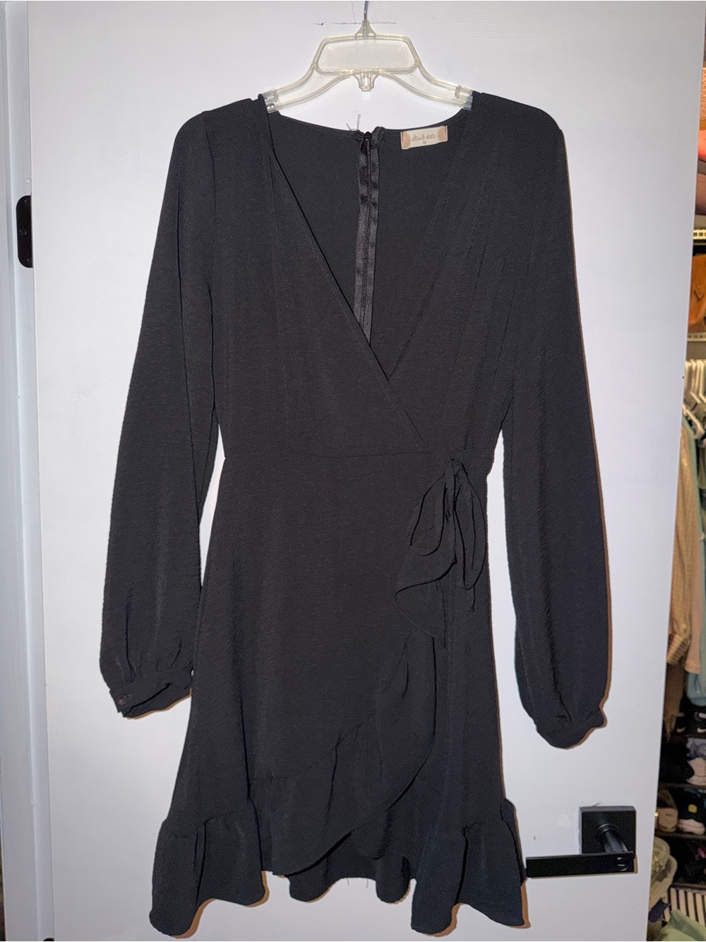 Altar'd State Black Long-Sleeve Wrap Dress with Ruffle Hem